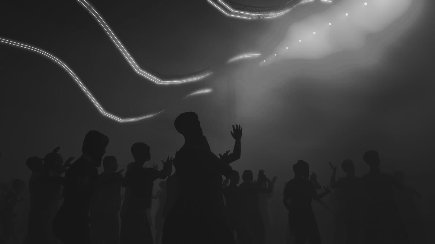 Prévisualisation 3D d’un espace de spectacle avec des lignes lumineuses et des silhouettes